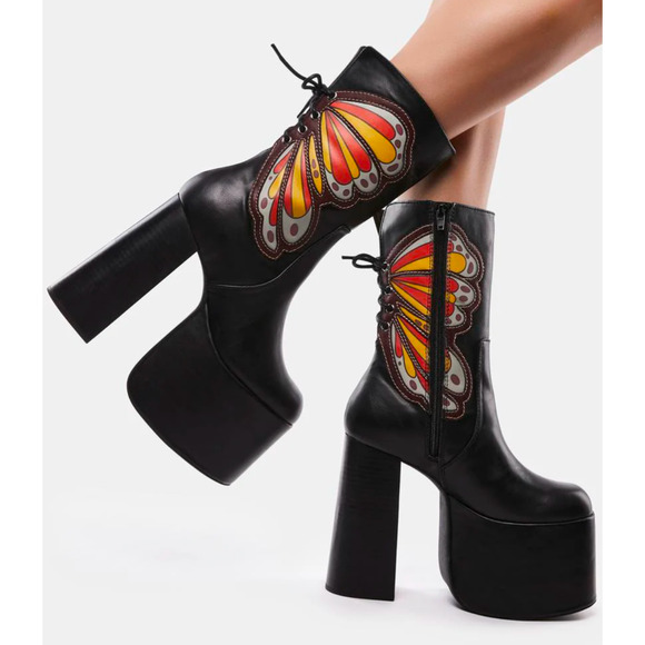 Dolls Kill Butterfly Platform Boots Black Chunky Heel Retro 70s Style Women’s 10 - Picture 1 of 9